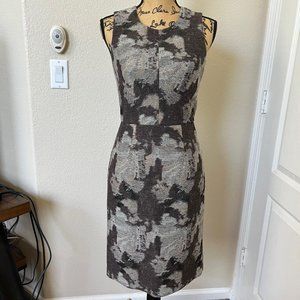 Banana Republic Brwn Grey Metallic Gold Camo Sleeveless Empire Sheath Dress Sz 2